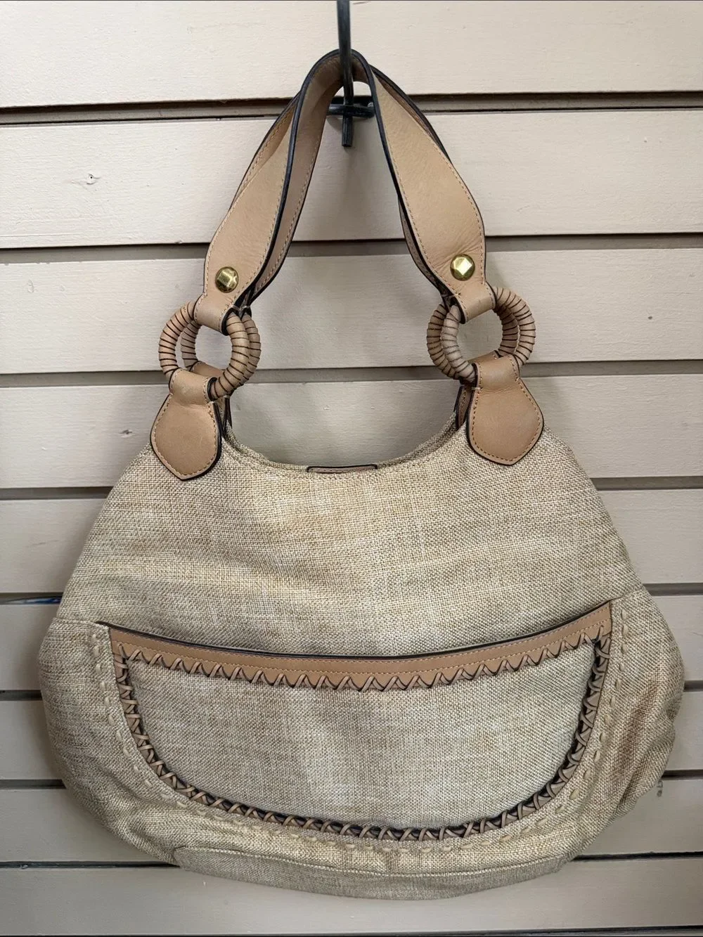 Beige Macramé Hobo Bag with Braided Ring Handles